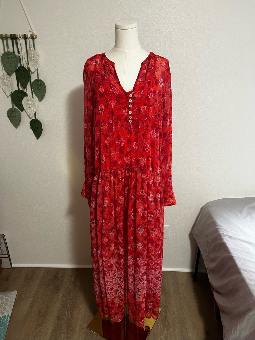 Free People Floral Long Sleeve See it Through Maxi Dress - Coral/Red